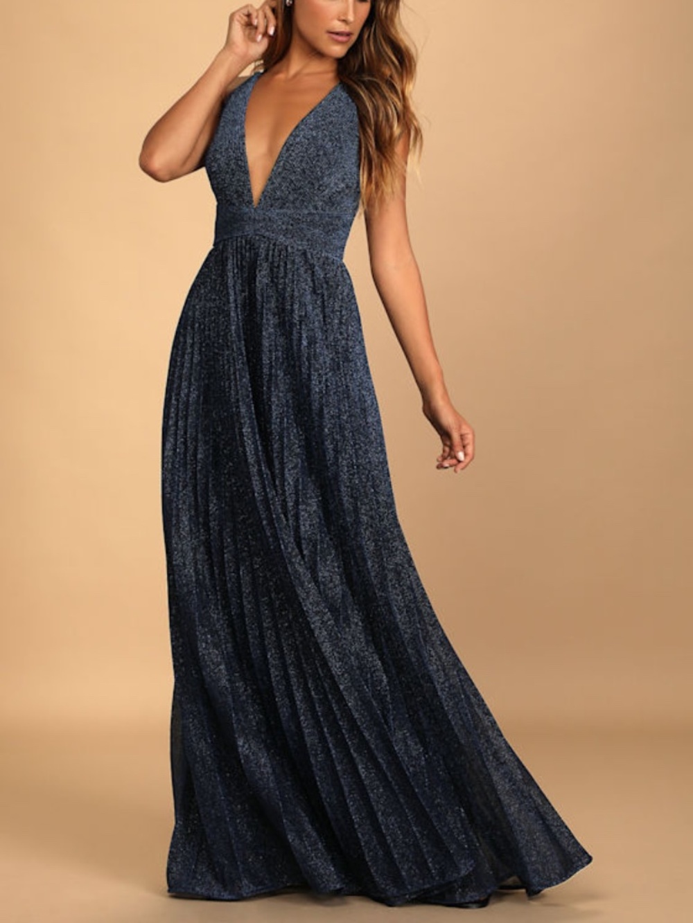 Lulus Especially Stunning Blue Sparkly Pleated Maxi Dress - Size M